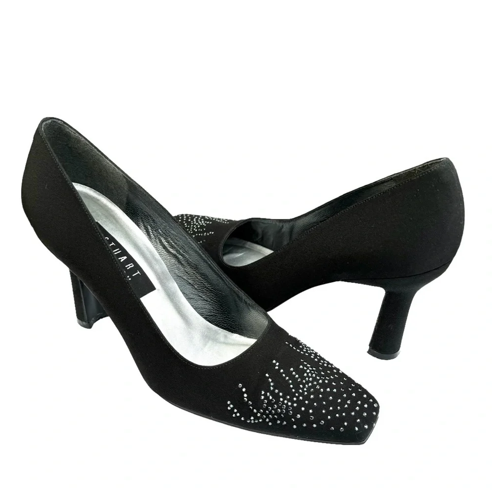 Stuart Weitzman Heels Crystal Embellishment Satin Black Pumps - Picture 10 of 17